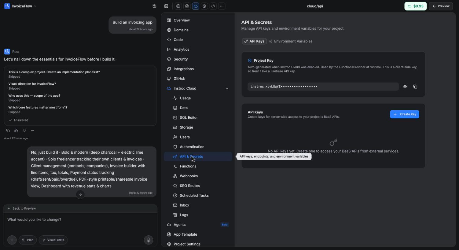 The API & Secrets panel showing the project key and API keys