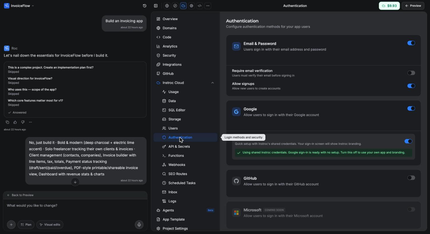 The Authentication panel with Email & Password, Google, and GitHub toggles