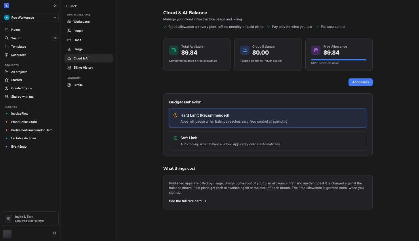 The Cloud & AI settings in your dashboard, showing Total Available, Cloud Balance, Free Allowance and budget behavior
